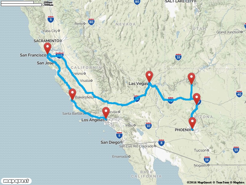 Karte Mietwagenreise - Canyons und Metropolen - der Südwesten per Cabrio Karte Mietwagenreise - Canyons und Metropolen - der Südwesten per Cabrio